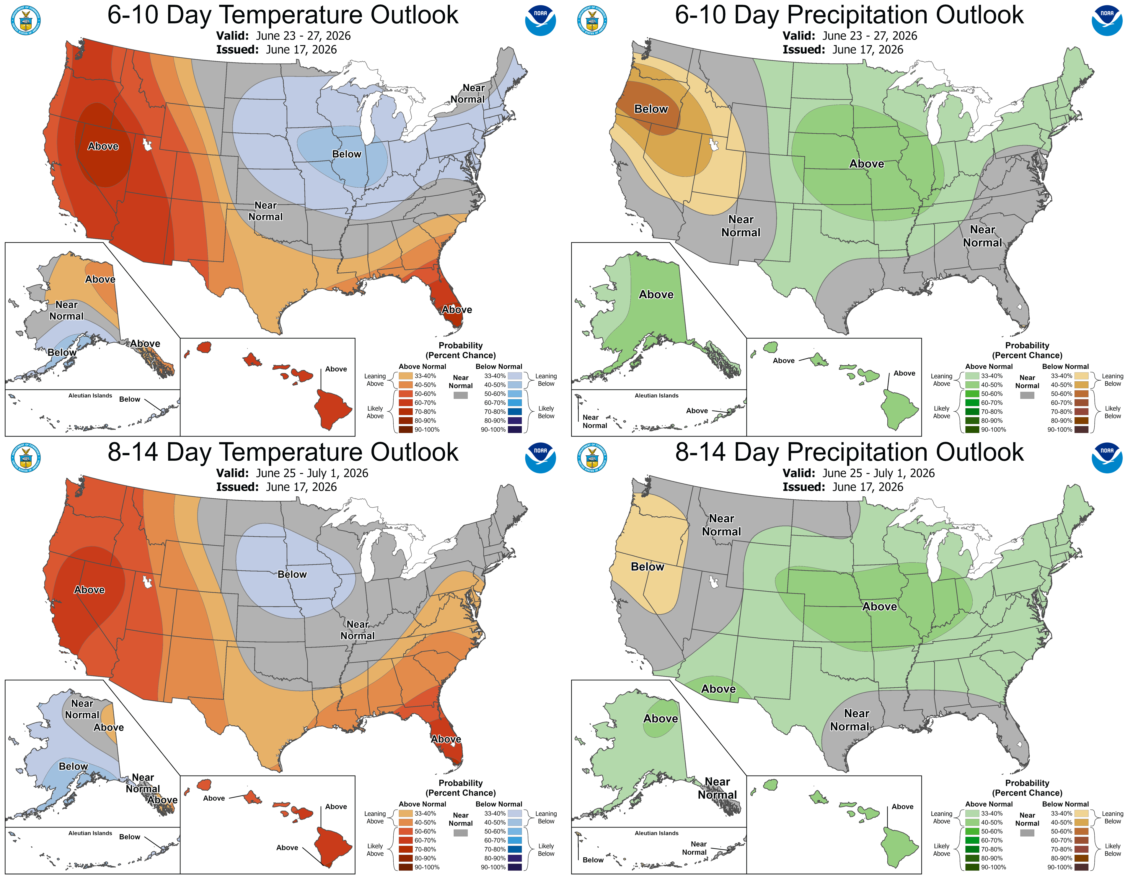 The 6-10 day (June 23-27, top) and 8-14 day (June 25-July 1, bottom) outlooks for temperature (left) and precipitation (right).  